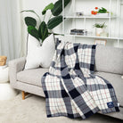 Vintage red, white, and blue plaid merino wool blanket